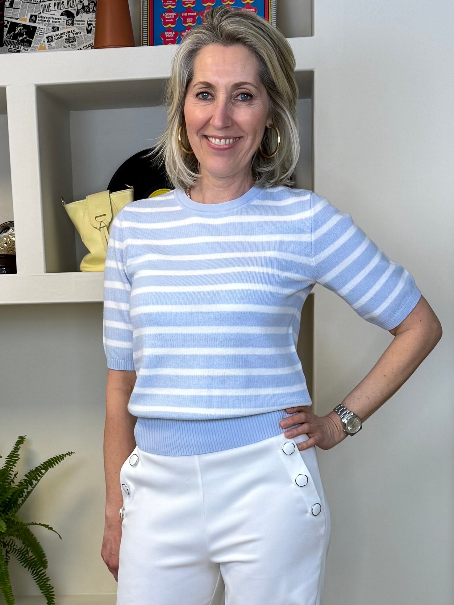 Yaya Trui Korte Mouw Streep Lichtblauw - Peet kleding