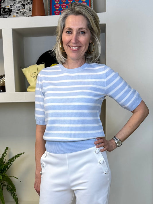 Yaya Trui Korte Mouw Streep Lichtblauw - Peet kleding