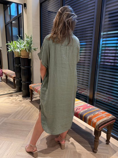 Jurk Linnen Fien Olijfgroen - Peet kleding