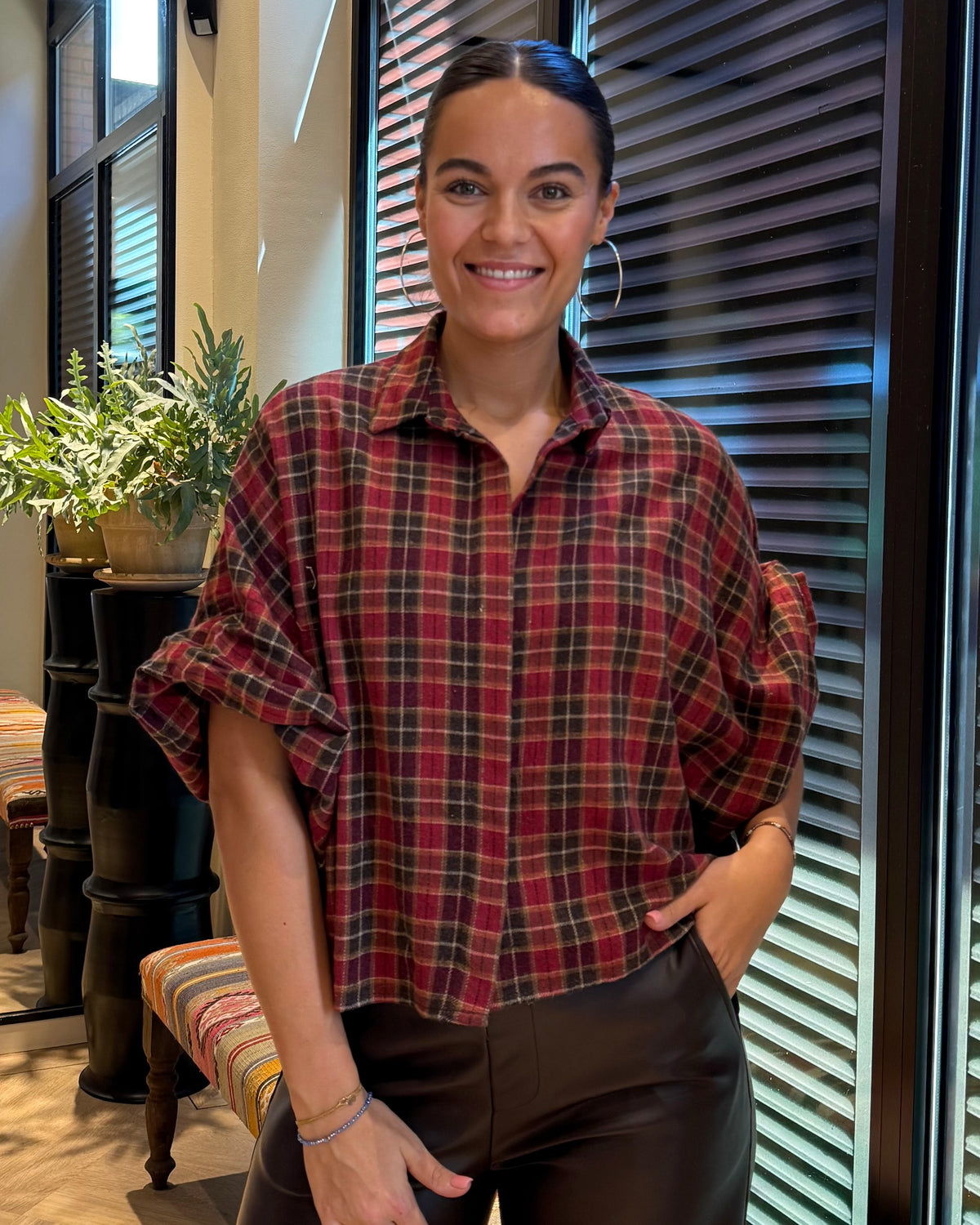 Blouse Roos Kleine Ruit Rood Bruin
