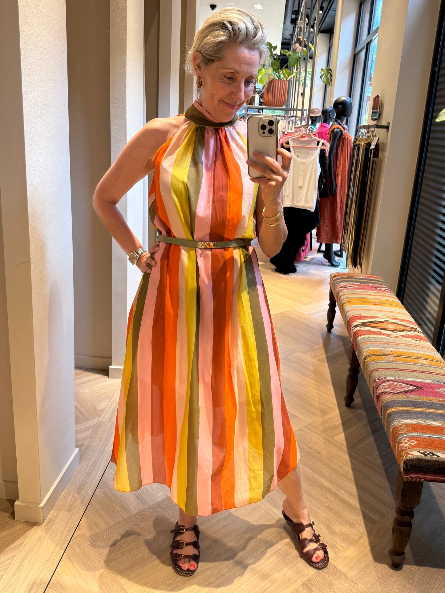 Jurk Halter Silky Streep Koraal