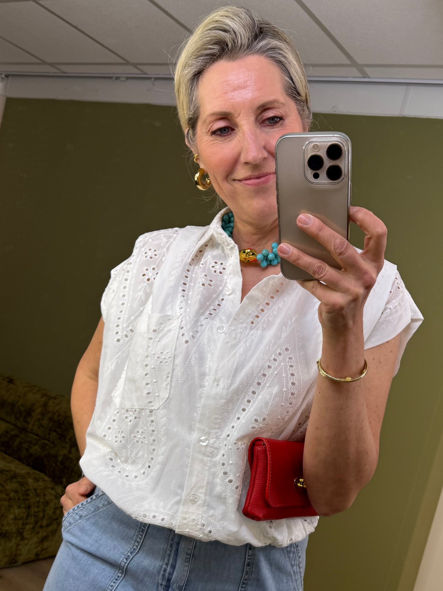 Blouse Boxy Broderie Offwhite - Peet kleding