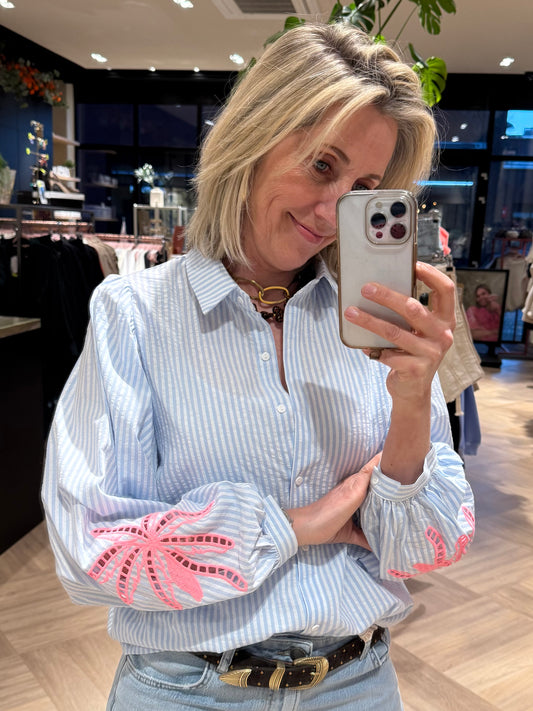 Blouse Palm Streep Lichtblauw - Peet kleding