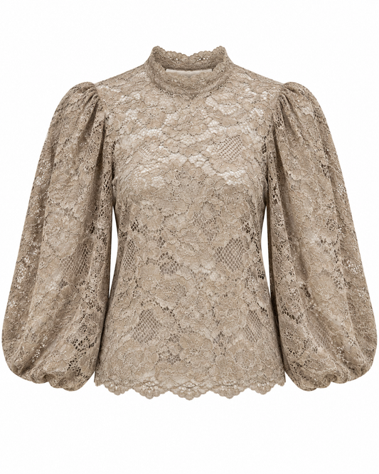 Top Mura Ballonmouw Kant Taupe - Peet kleding