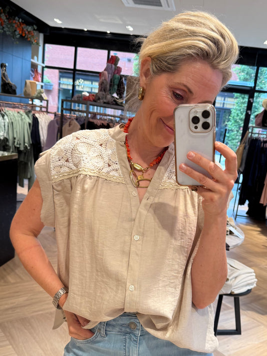 Blouse Zonder Mouw Embroid Zand - Peet kleding