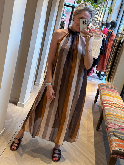 Jurk Halter Silky Streep Bruin