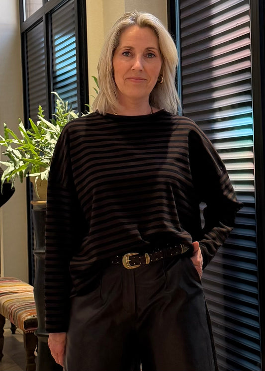Longsleeve Mia Streep Bruin Zwart - Peet kleding