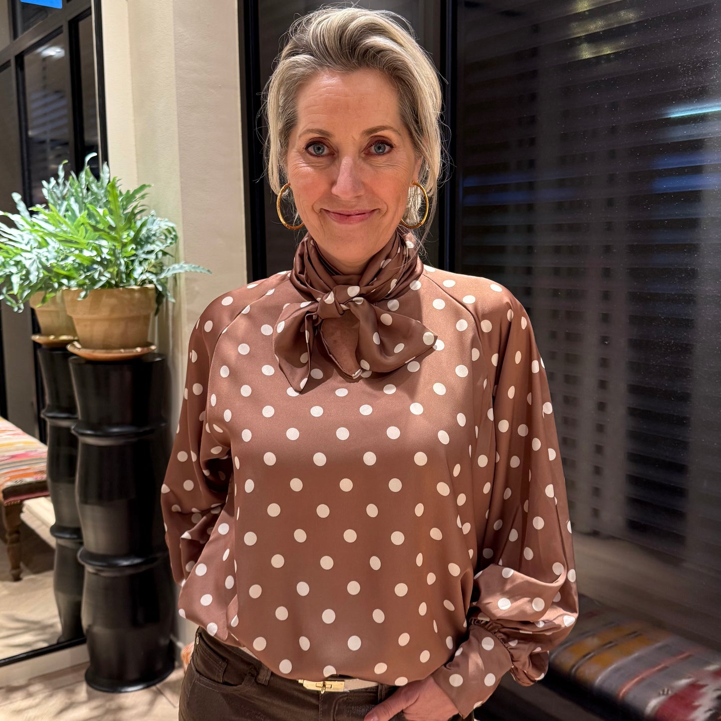 Blouse Dot Print Caramel Wit - Peet kleding