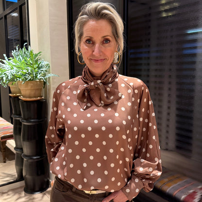 Blouse Dot Print Caramel Wit - Peet kleding