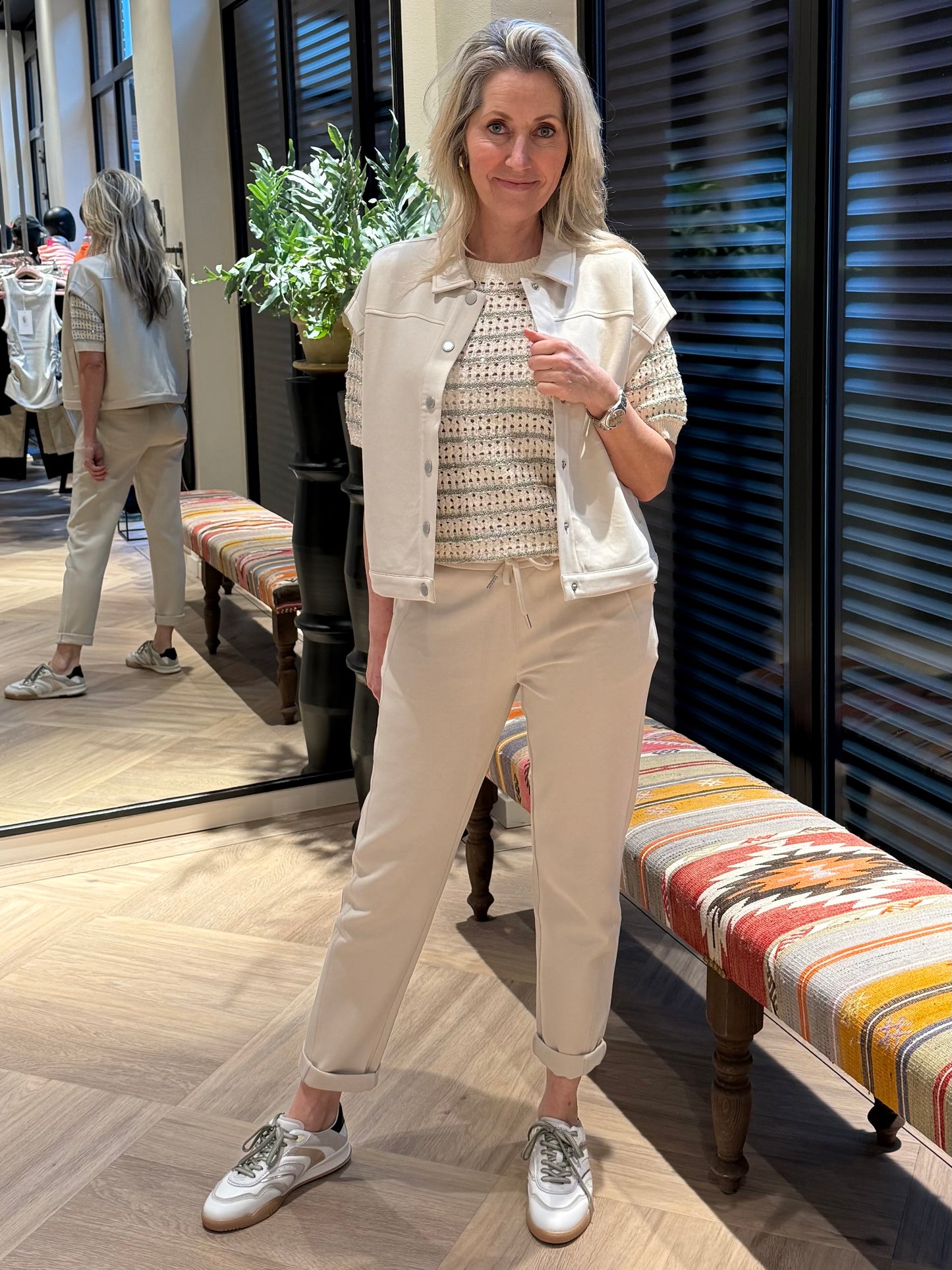 Red Button Top Jolene Streep Khaki - Peet kleding