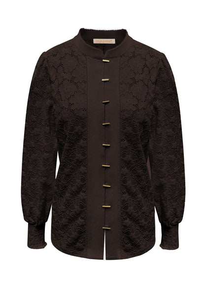 Triple Nine - Lace Blouse Mandarin Donkerbruin - 5946 - Peet kleding