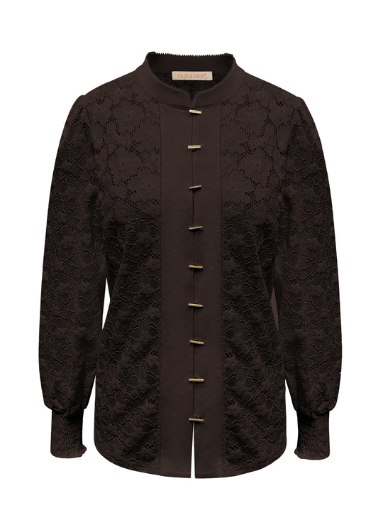 Triple Nine - Lace Blouse Mandarin Donkerbruin - 5946 - Peet kleding