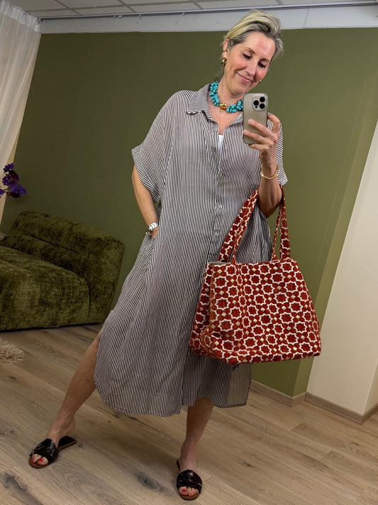 Jurk Pia Linnen Streep Bruin - Peet kleding