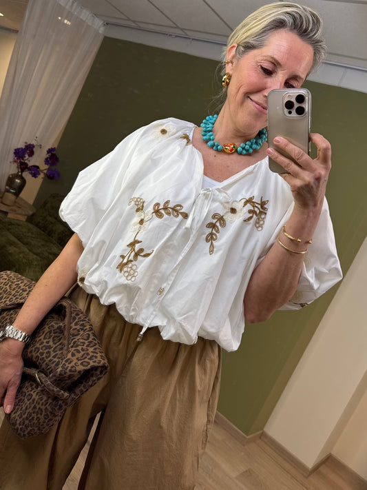Blouse Boxy Embroid Flower Offwhite - Peet kleding
